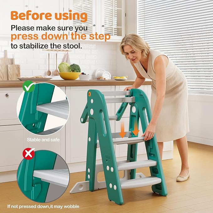 Onasti Toddler Standing Tower, Converts from 3-Step to 2-Step as Kids Grow, Space Saving Kids Kitchen Step Stool for Bathroom Sink, Kitchen Counter and Everyday Household Use-Green