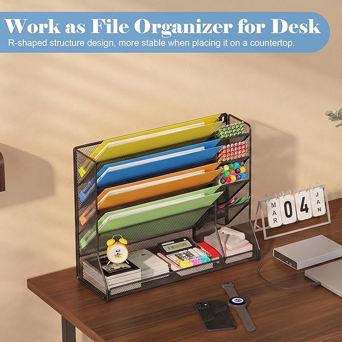 Jakyitvi File Organizer Wall Mounted, 4 Tiers Durable Adjustable Metal Desk Organizer, Desktop Hanging File Holder with 4 Pen Slots Stable, 4 Pull-Out Divider for File, Mail, Black, Patent Pending