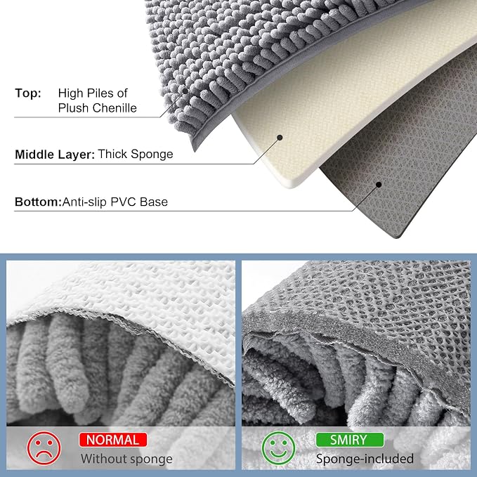 Smiry Luxury Chenille Round 24x24, Extra Soft and Absorbent Shaggy Bathroom Mat Rugs, Machine Washable, Non-Slip Plush Carpet for Tub, Shower, and Bath Room, Grey