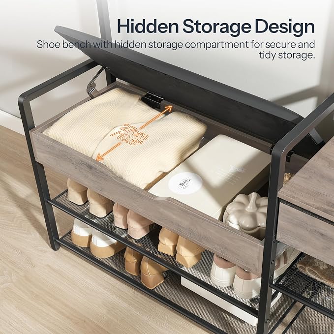 HOOBRO Hall Tree with Bench, Shoe and Coat Rack for Entryway, Coat Rack with Bench, Flip Top Storage Box, PU Cushioned Seat, Non-Woven Fabric Drawer, for Entrance, Greige and Black BG110MT01