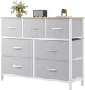 Sweetcrispy 7 Drawer Dresser with Fabric Bins, Fabric Storage Tower Organizer for Bedroom, Closet, Hallway, Entryway, Tall Chest of Drawers with Steel Frame, Wood Top, Light Grey
