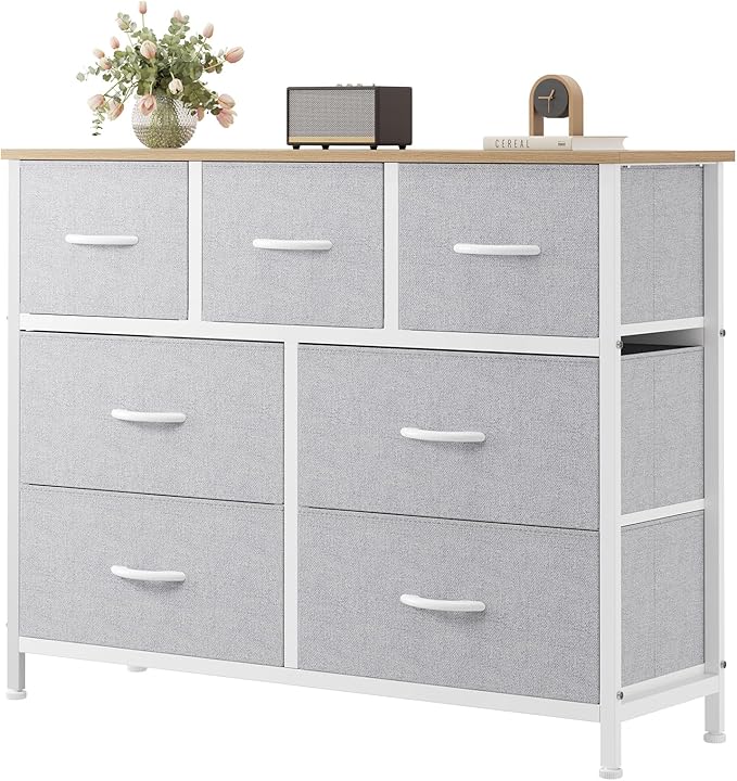 Sweetcrispy 7 Drawer Dresser with Fabric Bins, Fabric Storage Tower Organizer for Bedroom, Closet, Hallway, Entryway, Tall Chest of Drawers with Steel Frame, Wood Top, Light Grey