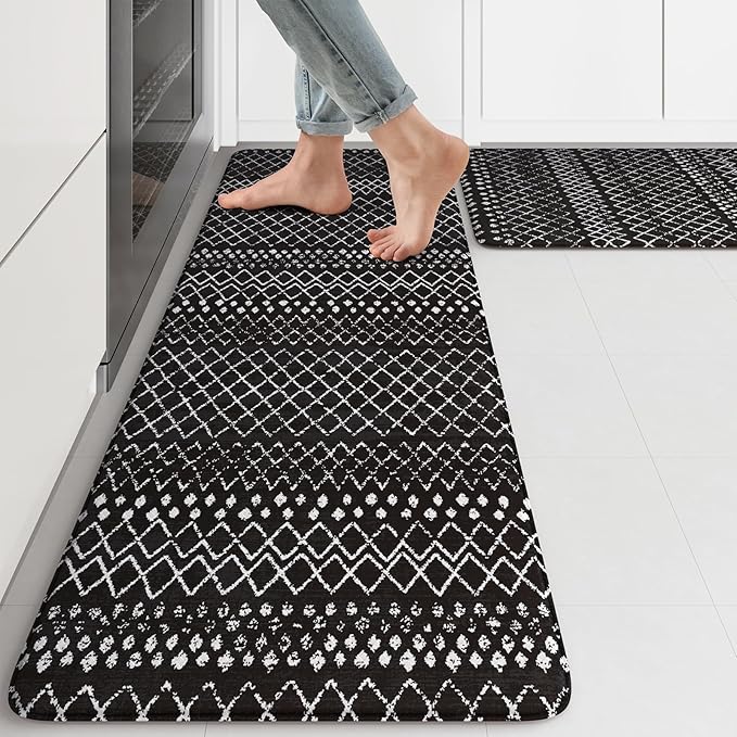 KIMODE Anti Fatigue Mats for Kitchen Floor 17"x47"+17"x29", Black Boho Distressed Kitchen Rugs Sets of 2, Cushioned Kitchen Floor Mats, Non Slip Standing Mats for Sink Laundry Room Decor Office Desk