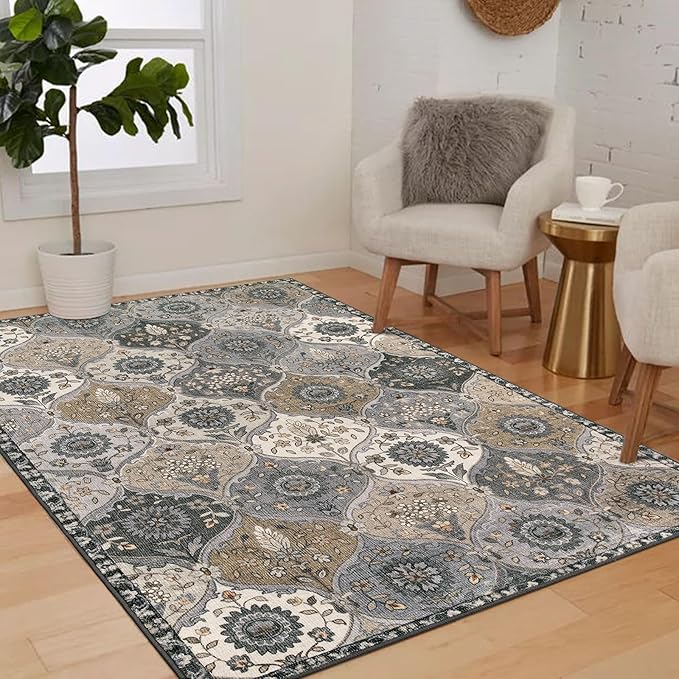 Lahome Moroccan Trellis Washable Area Rugs, 3x5 Rug for Bedroom Entryway Indoor Non-Slip, Small Oriental Accent Carpet for Living Room Kitchen Bathroom Office Elise, Grey