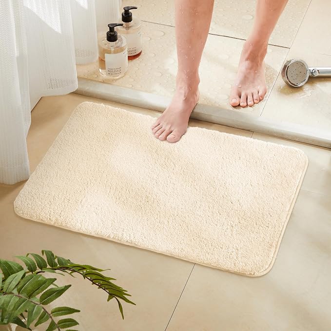 TECHMILLY Fluffy Bathroom Rug Mat Small 24x17, Absorbent Thick Microfiber Mats with Non Slip Rubber Backing, Quick Dry Machine Washable Bath Rugs for Bathroom Floor, Bathtub and Shower, Cream
