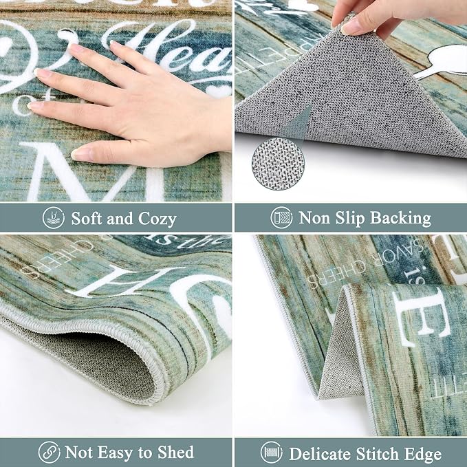 Vaukki Boho Kitchen Rug Sets 3 Pieces, Washable Kitchen Mats for Floor, Non Slip Soft Kitchen Area Rug Floor Mat for Kitchen, Laundry Room and Hallway (Teal and Brown, 20''x32''+20''x47''+20''x59'')
