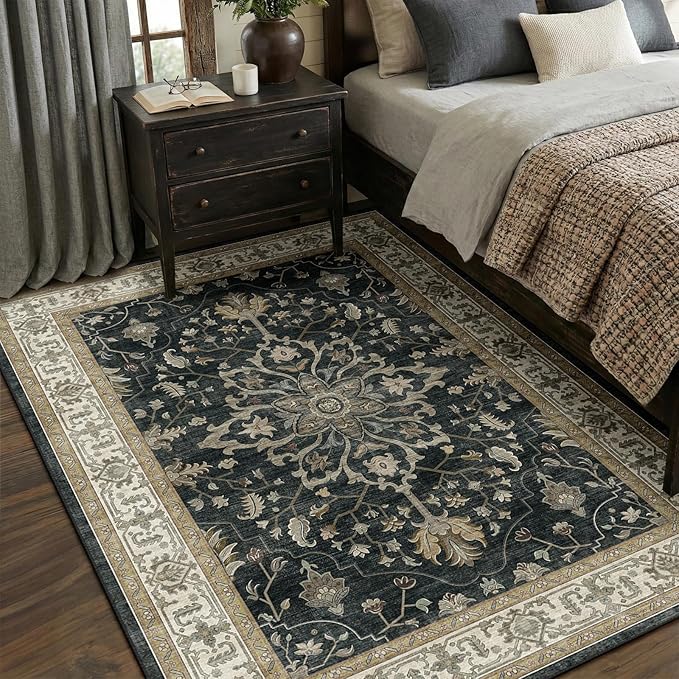 RELEANY Area Rugs 5'x7' Washable Non-Slip, Floral Vintage Distress Medallion Carpet for Living Room Bedroom Dining Room, Vintage Black Brown Neutral