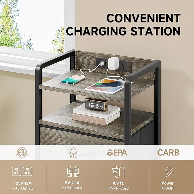 Lazzanto Grey NightStand with Charging Station - Morden Nightstand with USB Ports & AC Outlets, Grey End Table with Storage Shelf & 4 Fabric Drawers, LED Light Strip