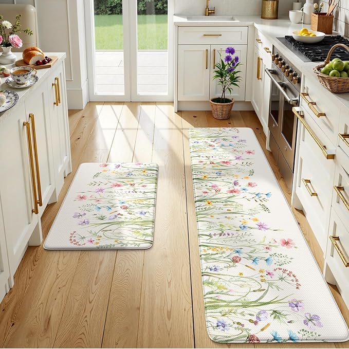 KIMODE Anti Fatigue Kitchen Mats for Floor 2 Piece, Cushioned Floral Kitchen Rugs, Memory Foam Kitchen Floor Mats, Summer Standing Desk Mats for Laundry Office Sink White 20"x71"+20"x32"
