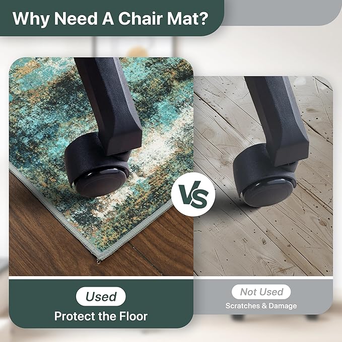 36"x48" Office Chair Mat for Hardwood Tile Floor, Under Desk Carpet Protector for Rolling Computer Chair Mat, Machine Washable Area Rug, Anti-Slip 1/5" Thick Low Pile Thin Vinyl Floor Mat, Teal Blue