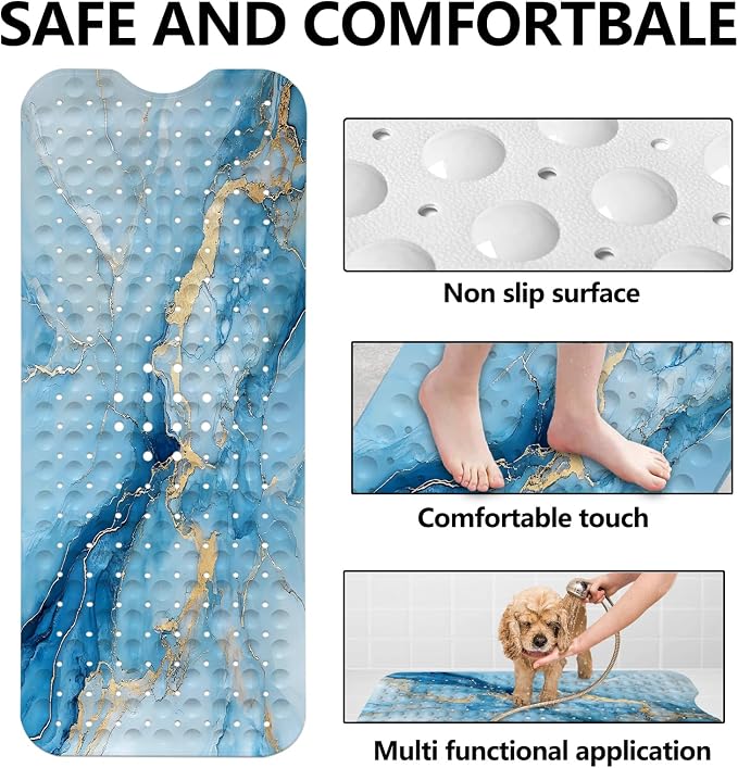 LNOND Marble Bath Tub Mat Non Slip, Extra Long 40 X 16 Inch Anti Slip Mat for Bathtub, Blue Gold Marble Shower Mat with Drain Holes and Suction Cups, Machine Washable