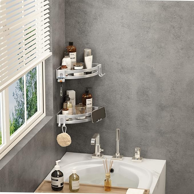 VOLPONE Corner Shower Caddy with Razor Holder Adhesive Shower Shelf Corner No Drilling Bathroom Corner Shower Organizer Storage Rack Shampoo Holder Wall Mount (2-Pack, Silver)