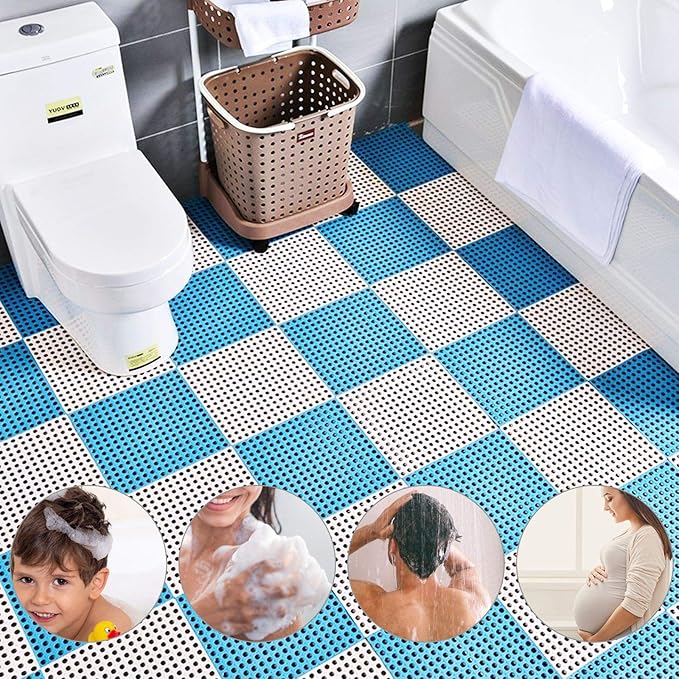 12 Pack 11.8" x 11.8" Interlocking Floor Tiles with Drain Holes Soft PVC Non Slip Shower Floor Mat Modular Interlocking Cushion Mat for Drain, Pool, Patio, Balcony, Kennel, Poultry, Floor Grid, Blue