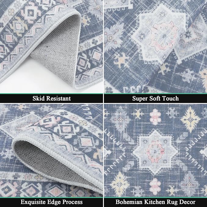 HEBE Boho Kitchen Rug Sets 3 Piece with Runner Non Slip Kitchen Rugs and Mats Washable Kitchen Mats for Floor Thick Kitchen Floor Mat Carpet Runner Rugs for Hallway Laundry Holiday Decor