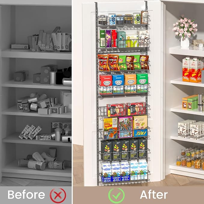 ElegantArray 8-Tier Pantry Door Oragnizer, Over The Door Pantry Organizer Rack and Storage, Hanging Spice Rack Shelves Door, Home Office Laundry Room Bathroom & Kitchen Organization, Deep Gray