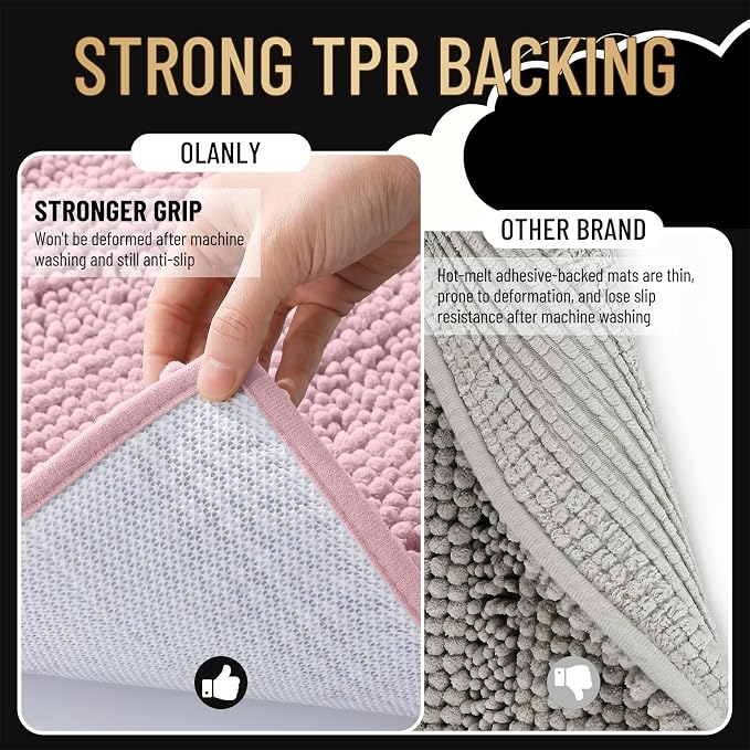 OLANLY Thick Bathroom Runner Rugs 44x24, Extra Absorbent Chenille Striped Bath Rugs, Rubber Backing, Machine Wash Dry, Long Bath Mats for Bathroom, Tub and Shower, Home Decor Accessories, Dusty Rose