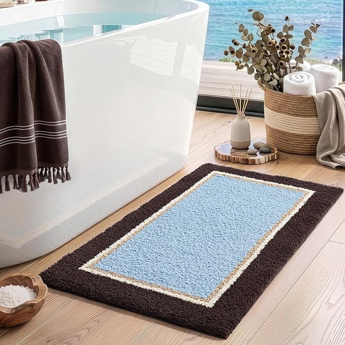 DEXI Bathroom Rugs 36x24, Absorbent Extra Soft Plush Microfiber Bath Mat for Bathroom, Non Slip Washable Bathmat Quick Dry for Shower Floor, Sink, Tub, Laundry Room, Brown and Light Blue