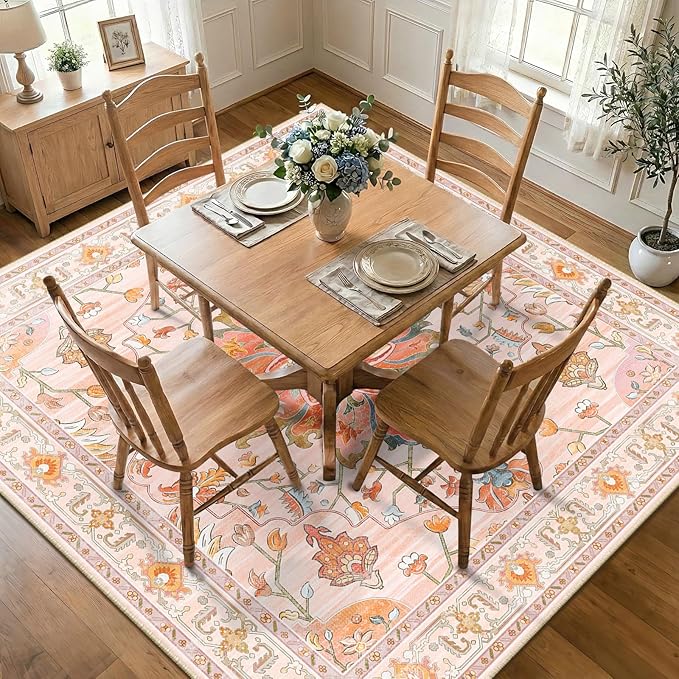 RELEANY Area Rugs Square 7ft Washable Non-Slip, Floral Vintage Distress Medallion Carpet for Living Room Bedroom Dining Room, Light Pink Colorful