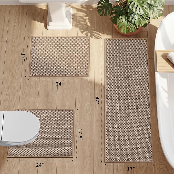 YIHOUSE Thin Bath Mat Khaki Bathroom Rugs Sets 3 Pieces, Non Slip Absorbent Bath Mats Quick Dry, Woven Braided Rugs Washable,Tapetes para Baño for Bathroom,Bathtub(17.5"x24"U+17"x24"+17"x47")