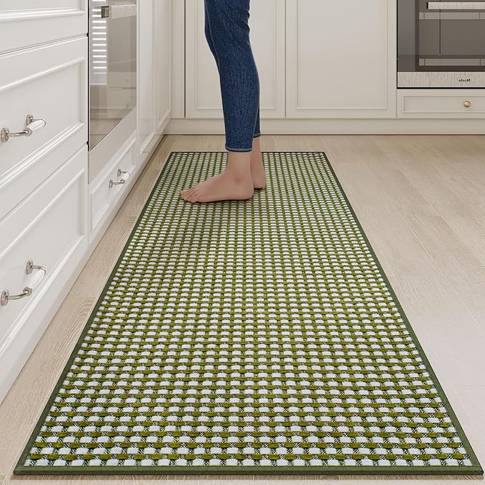 YDKGL Long Kitchen Runner Rugs Kitchen Mat Non Slip Washable, Super Absorbent Soft Chenille Braided Kitchen Mats for Floor, Rubber Backing Kitchen Floor Sink Standing Mat, Easy Clean, Green 24"x71"