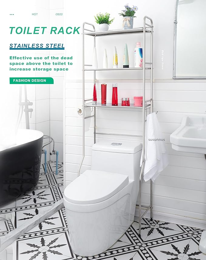susunnus Over The Toilet Storage 3 Tier M,Bathroom Shelves Over Toilet,Freestanding Space Saver with Toilet Paper Holder,Stainless Steel,Pragmatic,Sturdy,Waterproof,Silver