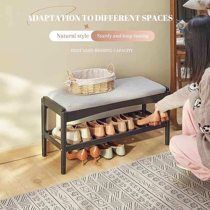 STDDRE Shoe Bench Entryway Bamboo 2-Tier Shoe Rack with Cushion Padded Seat Shoe Bench Organizer Stable for Hallway, Living Room, Bedroom(31.5 * 11.4 * 16.5IN, Black-Gray)