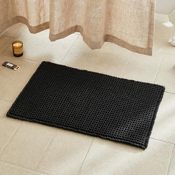 TYUU Black Bathroom Rug, Waffle Bath Mat Non Slip Washable Super Absorbent Quick Dry Boho Farmhouse Bathroom Decor, 30"x20" Black