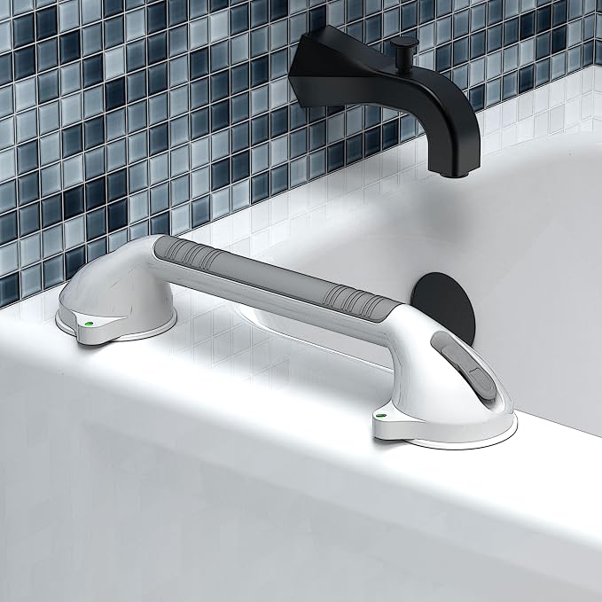 16.5inch Suction Bath Grab Bar with Indicators, Balance Assist Bathroom Shower Handle (White/Grey, Pack of 1)