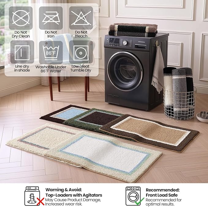 DEXI Bathroom Rugs 43x24, Absorbent Extra Soft Plush Microfiber Bath Mat for Bathroom, Non Slip Washable Bathmat Quick Dry for Shower Floor, Sink, Tub, Laundry Room, Green and Brown