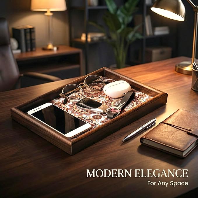 Wooden Valet Tray with Leather Base - Nightstand Catchall Organizer for Cologne, Perfume, Keys, Wallet, Phone, Watch, Jewelry & Sunglasses (Bohemian)