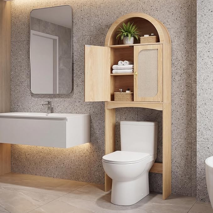 HOOBRO Arched Rattan Over the Toilet Storage Cabinet, 68.1'' Bathroom Organizer with Doors, Bathroom Storage Cabinet with Adjustable Shelf, Wooden Space Saver for Small Bathroom, Natural NL25TS01