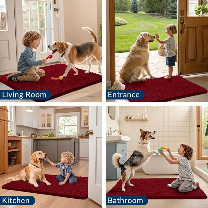 Smiry Dog Door Mat for Muddy Paws 70x35, Absorbent Dirt Trapper, Non-Slip Washable Chenille Entryway Rug for Inside Floor, Burgundy, Classic Solid