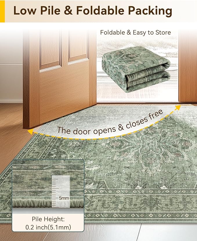RELEANY Area Rugs 5'x7' Washable Non-Slip, Floral Vintage Distress Medallion Carpet for Living Room Bedroom Dining Room, Dark Green Gray