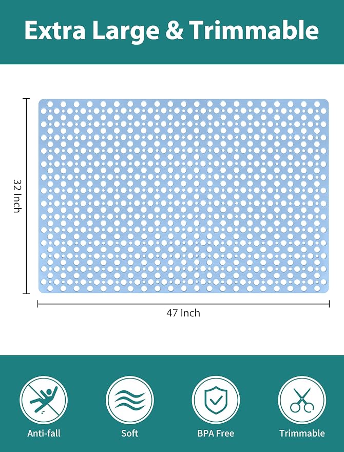 Extra Large Shower Mat, Yonala 47 x 32 Inch Non Slip Shower Mats for Inside Shower, Soft TPE Shower Floor Mat with Suction Cups and Drain Holes, Machine Washable Bathroom Shower Mat, Easy to Clean