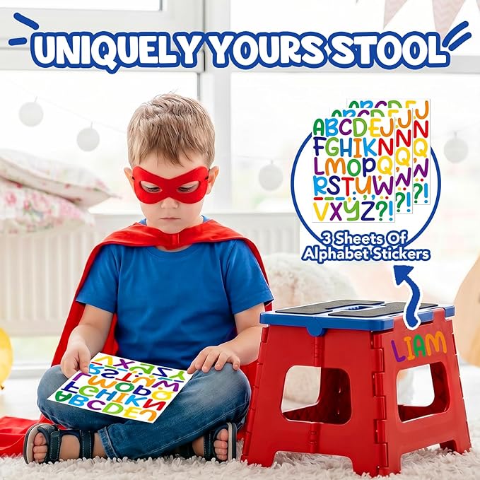 Delxo 9 Inch Folding Step Stool for Kids - Includes 3 Alphabet Letter Stickers & 2 Non-Slip Grip Pads, Sturdy Foldable Foot Stool for Toddlers, Kitchen, Bathroom & Bedroom (Red+Blue)