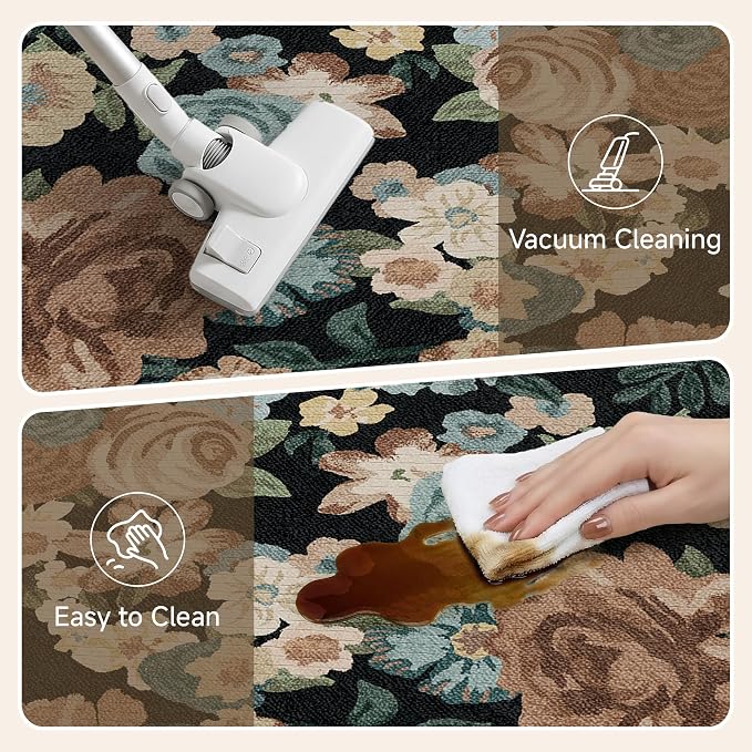 PureCozy Kitchen Mats 2PCS Anti Fatigue Cushioned Mat Non Slip Floral Kitchen Mats for Floor Waterproof Comfort Standing Black Farmhouse Rug for Sink Laundry Office Desk 17.3"x47"+17.3"x30"