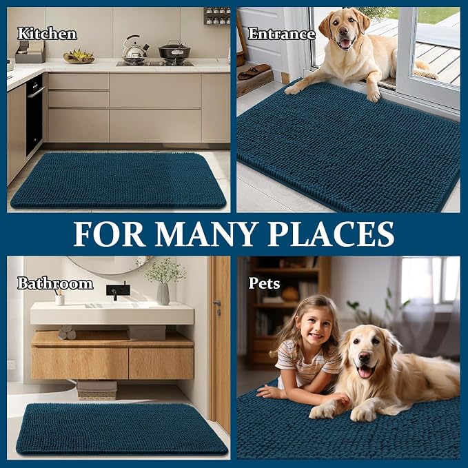 OLANLY Dog Door Mat for Muddy Paws 47x20, Absorbs Moisture and Dirt, Absorbent Non-Slip Washable Doormat, Quick Dry Chenille Mud Mat, Entry Indoor Entryway Carpet for Inside Floor, Atlantic Blue