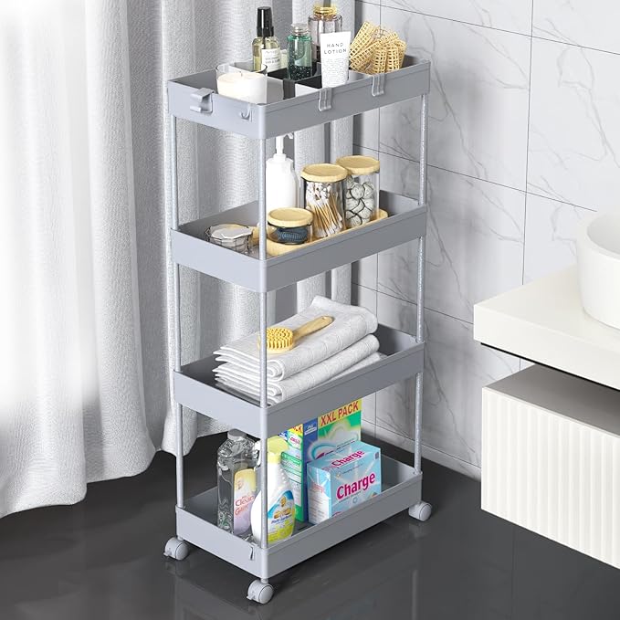SPACELEAD 4 Tier Rolling Cart with Wheels, Storage Craft Art Trolley Organizer Serving, 3 Hanging Baskets Easy Assembly, for Office, Living Room, Kitchen
