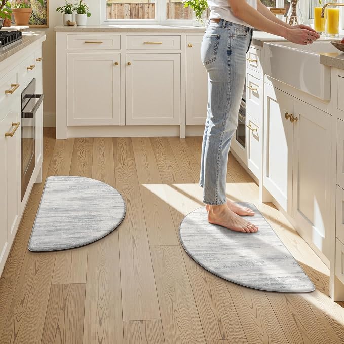 KIMODE Kitchen Mats Cushioned Anti Fatigue, 18"x28" Half Round Abstract Kitchen Rugs Sets of 2, Non Slip Waterproof Kitchen Floor Mats, Comfort Standing Mats for Laundry Office Sink Desk Gray