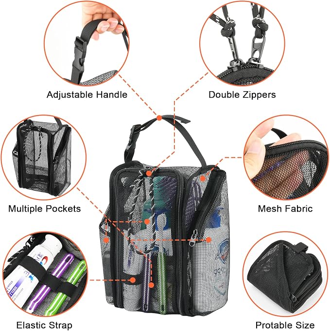 Cosmos Mesh Shower Caddy Toiletry Organizer Hanging Shower Tote Bag, Quick Dry Shower Organizer Portable Bath Bag with Durable Zippers & Side Pockets for Travel, Gym, Swimming, Beach and Camp