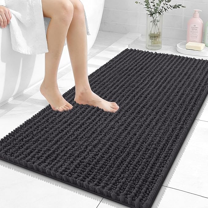 OLANLY Bathroom Rug Mat 44x24, Thick Soft and Absorbent Chenille Bath Mat, Non-Slip Rubber Backing, Machine Washable Quick Dry Bath Rugs for Tub Shower Floor, Home Decor Accessories, Dark Grey
