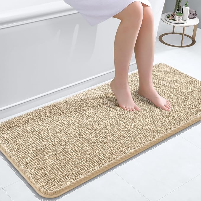 OLANLY Bathroom Runner Rugs 47x20, Extra Soft Absorbent Chenille Bath Rugs, Rubber Backing Quick Dry, Machine Washable Long Bath Mats for Bathroom Floor, Tub and Shower, Home Decor Accessories, Beige