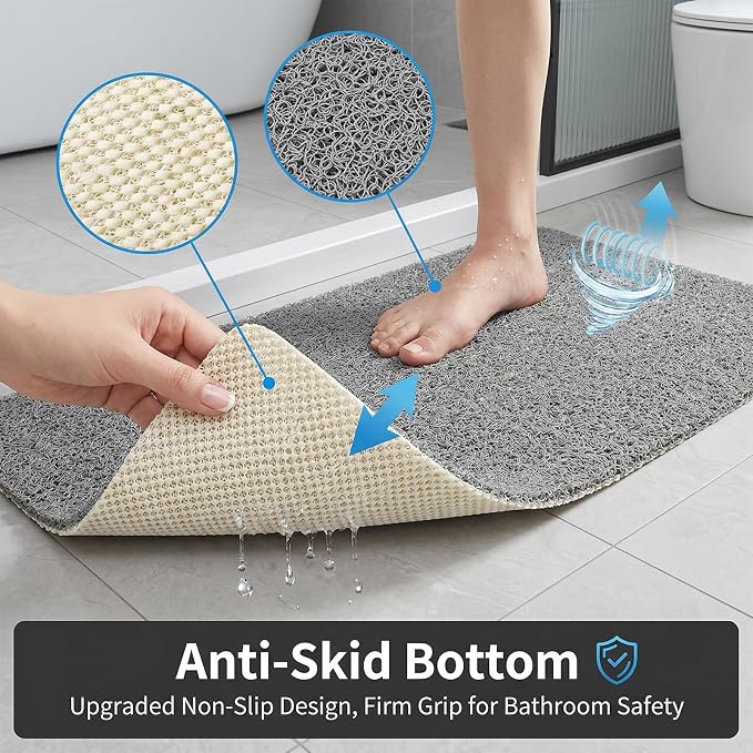 Square Shower Mat Non Slip, 27 x 27 Inch Grey Shower Floor Mat Without Suction Cups, Quick Drying Foot Scrubber PVC Loofah Bath Mats for Bathroom, Tub, Wet Area
