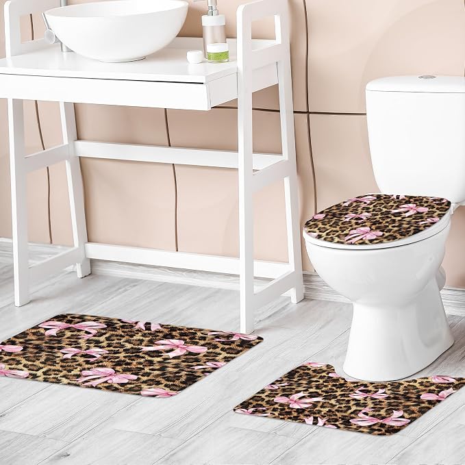 4 PCS Leopard Print Bow Shower Curtain Set 72Wx72H,Toilet Lid Cover,Non-Slip Rugs and U-Shaped Mat,Girly Pink Cheetah Bathroom Sets with Rugs Shower Accessories 12 Hooks for Bathroom Decor