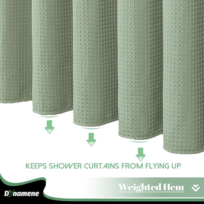 Dynamene Extra Long Shower Curtain, 84 Inch Long Waffle Fabric Shower Curtain for Bathroom, Tall Waterproof Cloth Shower Curtain Liner Set with Hook, Snap in Liner, Mesh Top Window, Sage Green, 72x84