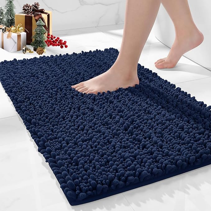 Bathroom Rugs Non Slip Washable 36x24, Extra Thick Soft Chenille Absorbent Bath Mat, High Density Barrier Non Slip Backing, Quick Dry Plush Shaggy Floor Carpet for Tub&Shower, Navy