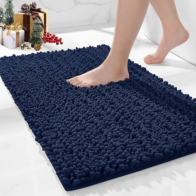 Bathroom Rugs Non Slip Washable, Extra Thick Soft Chenille Absorbent Bath Mat, High Density Barrier Non Slip Backing, Quick Dry Plush Shaggy Floor Carpet for Tub&Shower 24x17, Navy