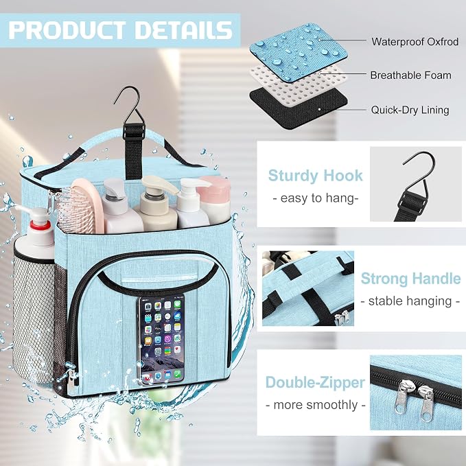 Attmu Shower Caddy Portable, Hanging Shower Bag for Dorm Room College, Large Capacity Quick Dry Mesh Tote Bag for Travel Camping Essentials (Dusty Blue)