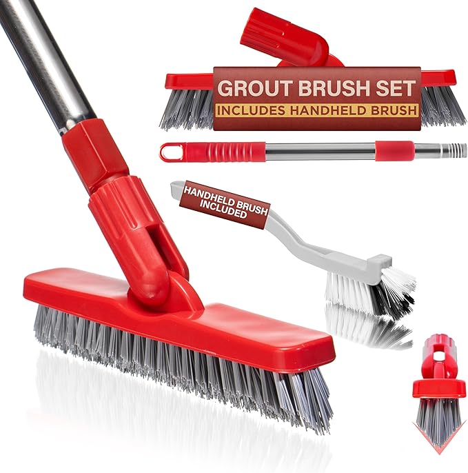 Foxtrot Living 2 in 1 Grout Brush with Long Adjustable Telescopic Handle and Handheld Stiff Bristle Scrubber, Swivel Grout Cleaner for Tile Floors, Grout Cleaning Brush for Floor Cleaning