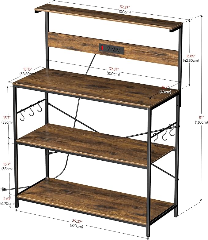VUSIGN Kitchen Bakers Rack with Power Outlet, 4 Tiers Microwave Stand with Storage, 39.4 Inch Coffee Bar Station with 6 S Hooks, Adjustable Bakers Rack with Storage for Spices/Pans/Pots, Rustic Brown